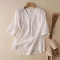 thumbnail image 1 of Women's Spring Summer Linen Casual Short Sleeves V-Neck Solid Shirt Tops Blouses, 1 of 6