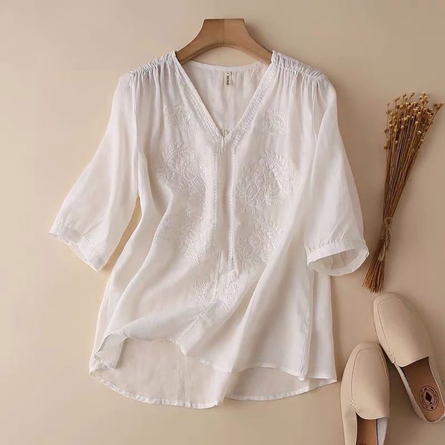 Women's Spring Summer Linen Casual Short Sleeves V-Neck Solid Shirt Tops Blouses