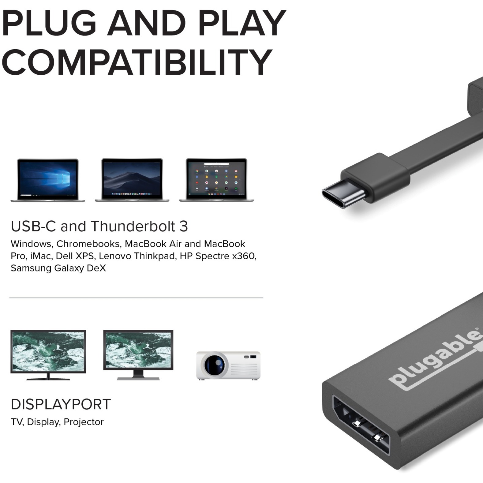 Plugable USB C to DisplayPort Adapter 4K 60Hz, Thunderbolt 3 to DisplayPort Adapter Compatible with MacBook Pro, Windows, Chromebooks, iPad Pro, Dell XPS, and more - image 4 of 5