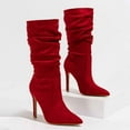 thumbnail image 4 of UngA Buckle Boots Knee High Boots Women Square Toe Kitten Heel Tall Boots Womens Fashion Long Boots Red,5.5, 4 of 7