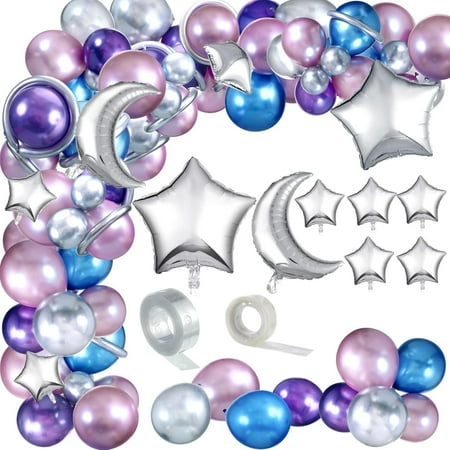 137 Pcs Space Balloon Garland Arch Kit Galaxy Party Decorations Blue Purple Silver Star and Moon Balloons for Outer Space Themed Birthday Party Decoration Supplies
