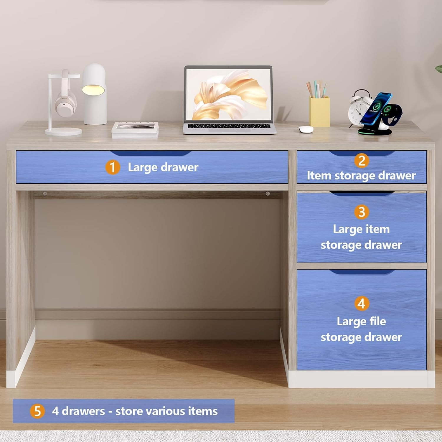 DreamCurship 52 inch Computer Desk with 4 Storage Drawers, Home Office Desk with Storage for Small Space, Writing Desk with File Cabinet, White and Walnut