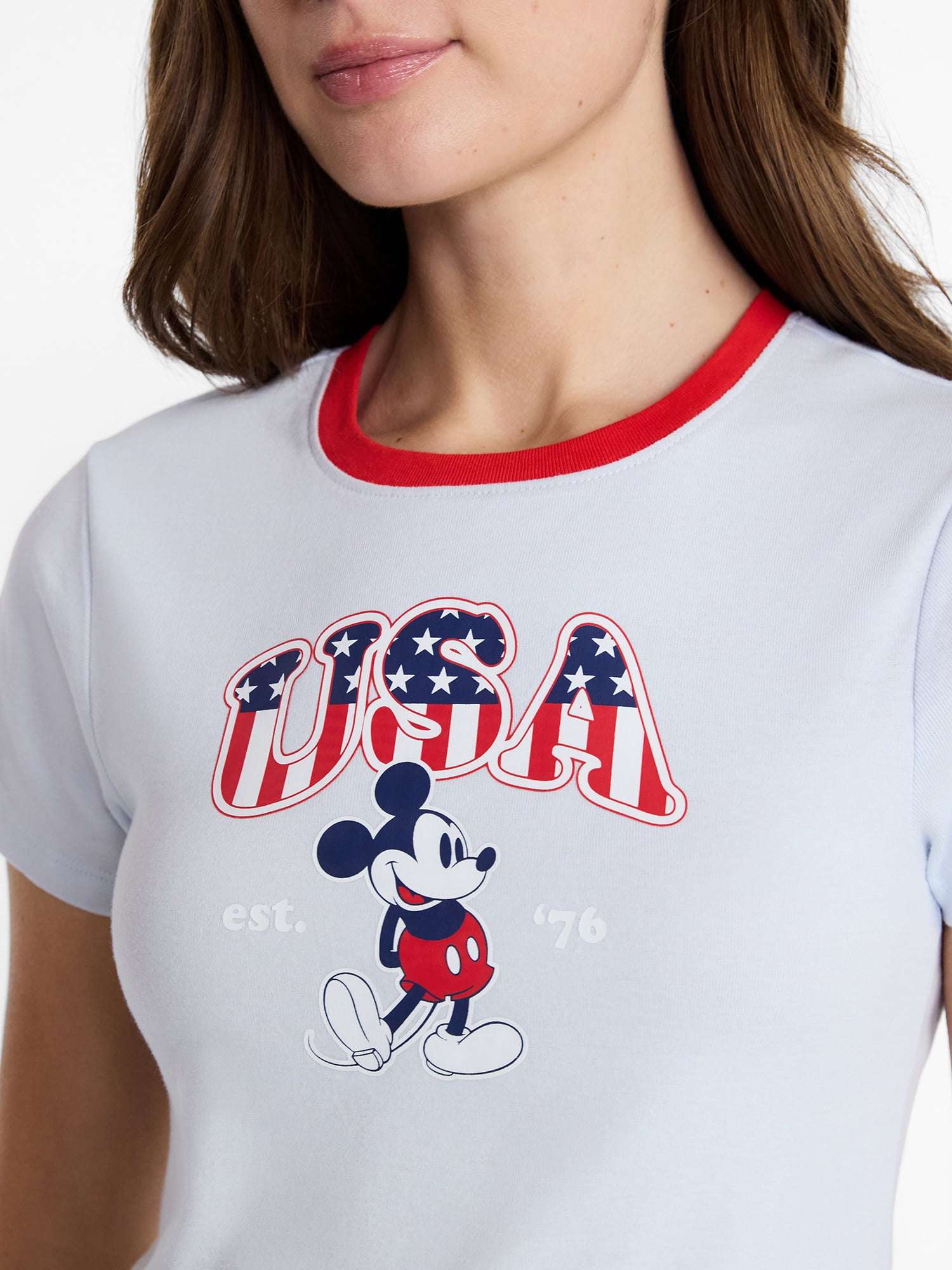 Disney Women's Mickey Stars and Stripes Graphic Baby Tee with Short Sleeves, Sizes XXS-XXL