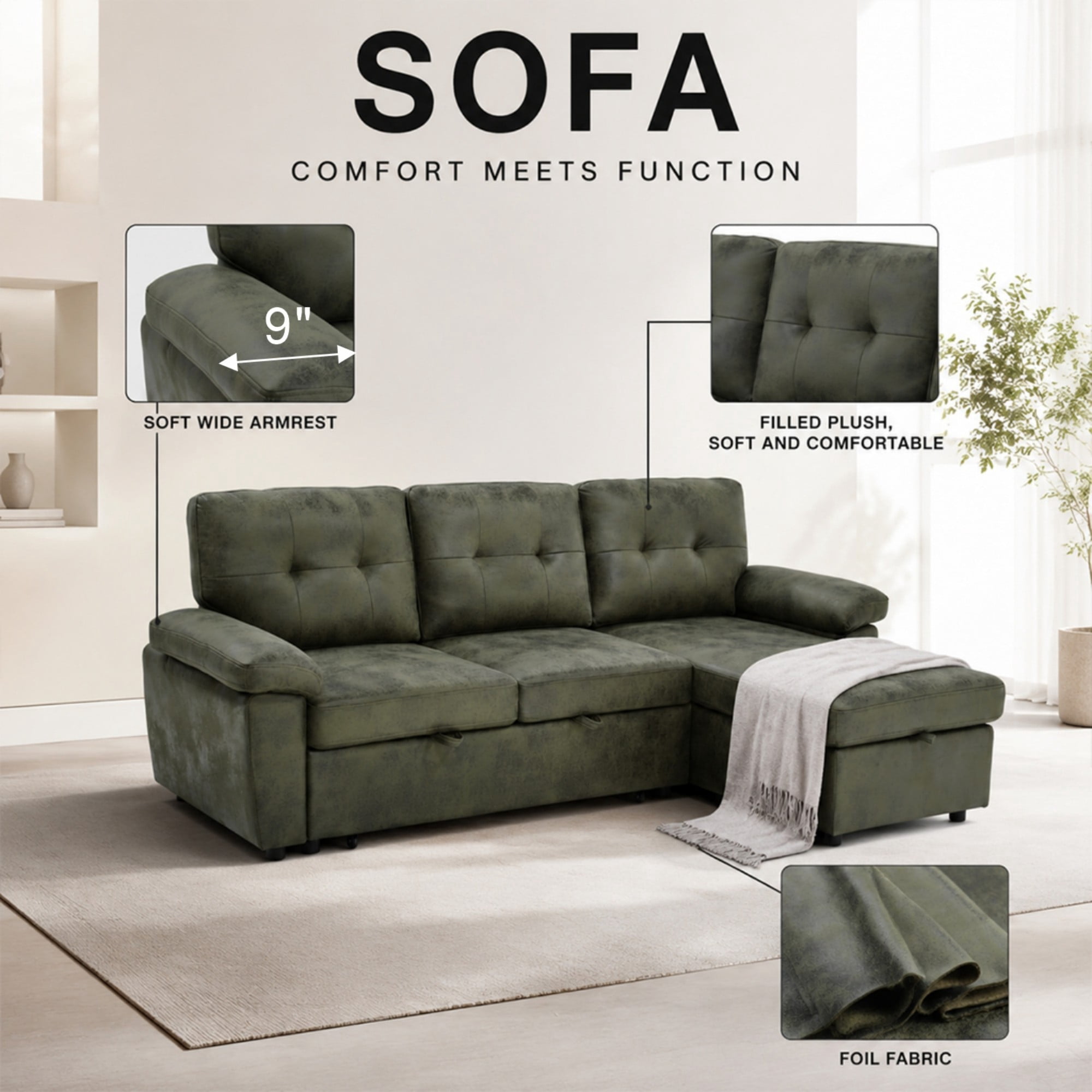 BSHTI 88.5" Polyester Fabric L-Shaped Sectional Sleeper Sofa Bed with Pull-Out Bed, Storage Chaise for Living Room( Light Brown)