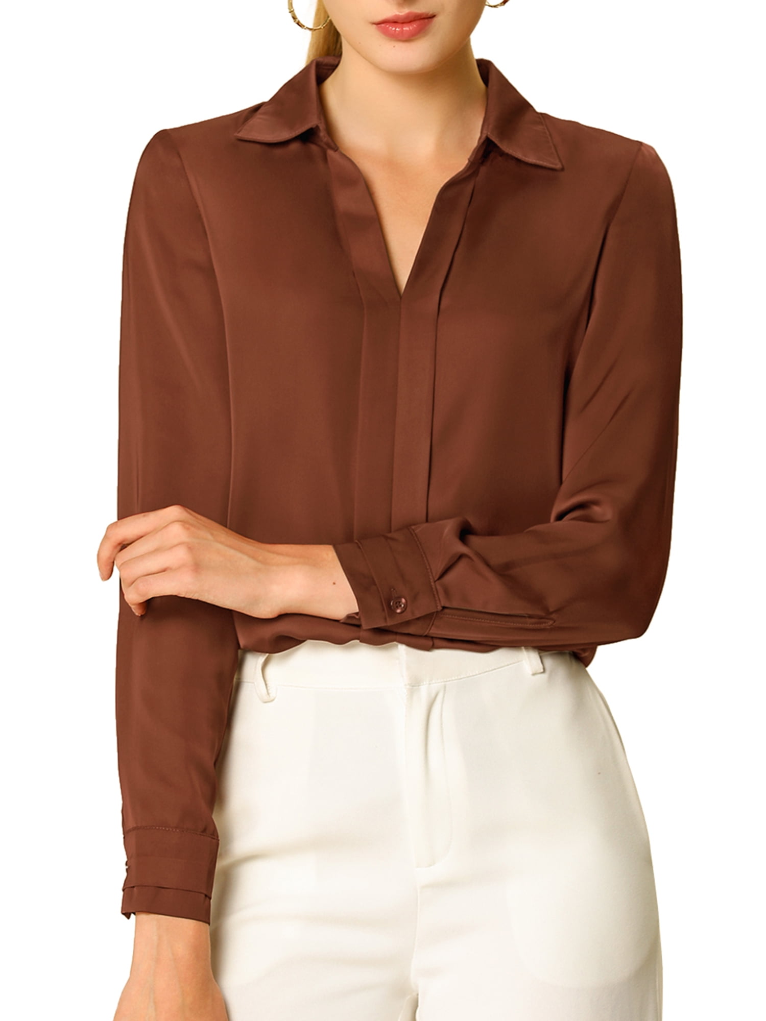 DARING DIVA Women's V Neck Classic Work Office Long Sleeve Shirt XL Brown