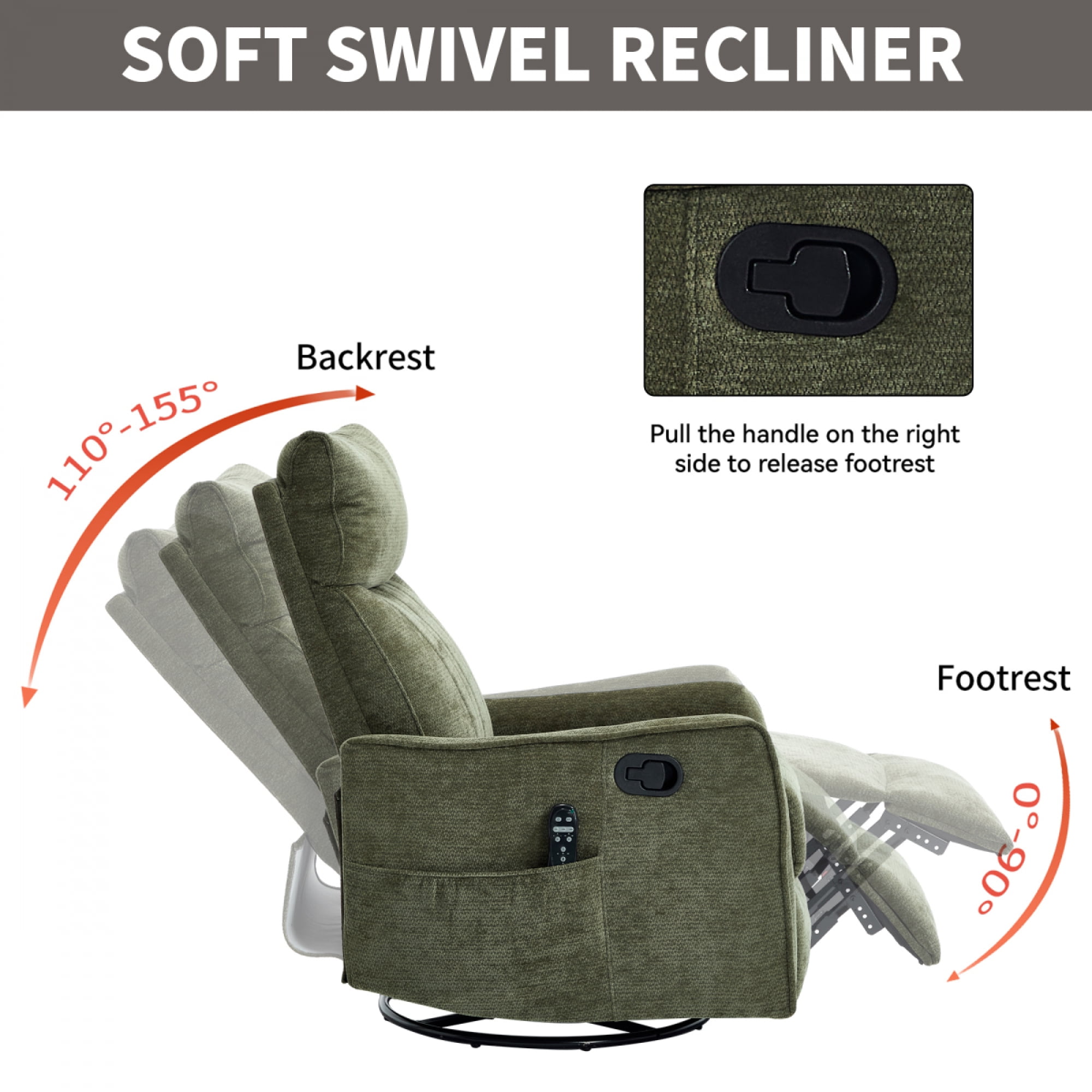 360 Swivel Rocking Recliner Chair for Adults, Nursery Rocking Chair with Heat and Massage, Glider Reclining Chair for Small Space, Living Room, Bedroom (Chenille, Green)