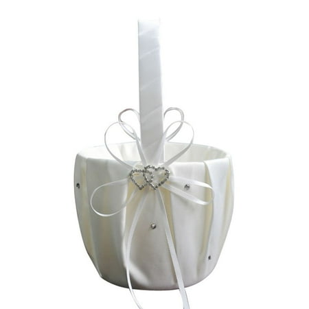 Rhinestone Basket - Holiday Clearance Remedios Ivory Satin Rhinestone 2 Hearts Wedding Flower Girl Basket for wedding