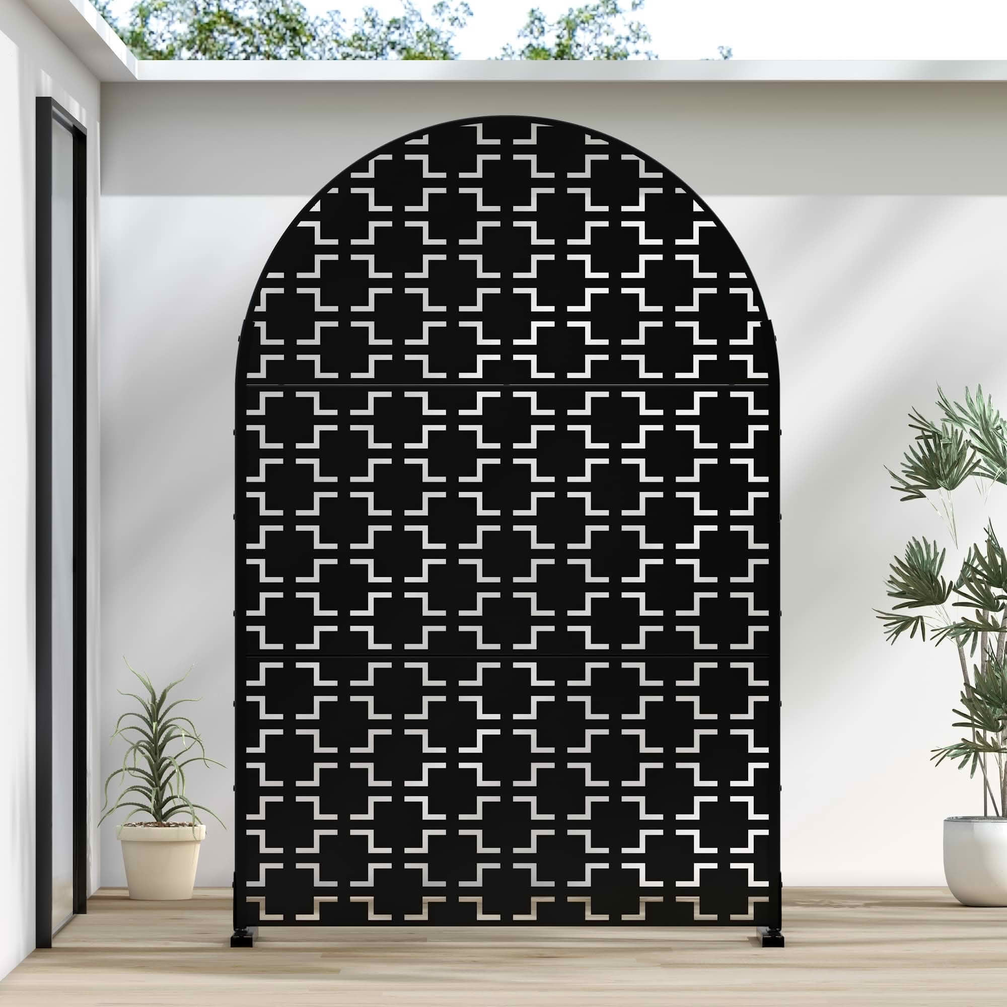 MAYEERTY 72x47x16 Inch Black Arched Galvanized Steel Privacy Screen, 3 Piece Set for Outdoor Garden
