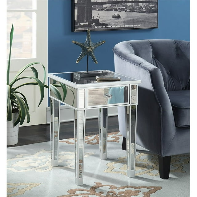Table d'Appoint Gold Coast avec Tiroir en Finition Bois Argenté et Verre Miroir
