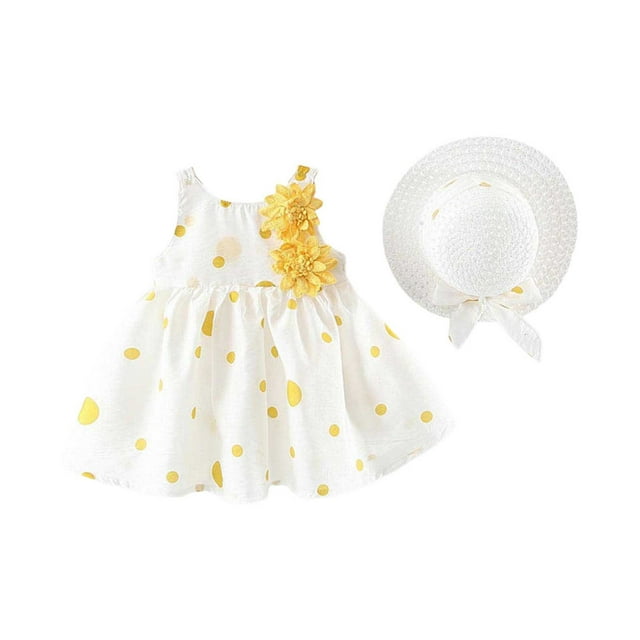 MIASHUI Girls Summer Party Dress Set Sleeveless Backless Tutu with Floral Bow and Matching Straw Hat Yellow,2-3 Years