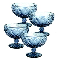 STP GOODS Vintage Embossed Glass Dessert Bowl Set of 4 pcs 8.45 fl oz (250 ml) Glass Candy Bowl Serving Bowl with Stem Ice Cream Bowl for Pudding Fruit Snack Trifle Appetizes, Blue