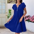 thumbnail image 4 of Vestido de Verano para Mujer, Corta, Cuello en V, Holgado, Informal, Plisado, Túnica Larga, para Playa, Azul, Talla XL, 4 of 5