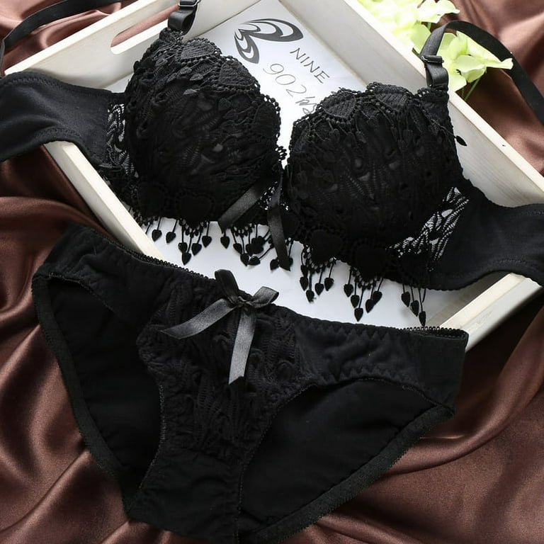 Push Up Bra and Panties Set for Women Floral Lace Bra Underwire Full  Coverage Bra and Knickers Set Plus Size Lingerie Set(Size:70A,Color:Black)