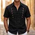 thumbnail image 2 of YLSDY Men's Military Style Linen-Blend Shirt, Double Breasted Gold Buttons, Short Sleeve Button-Down Casual Top Black L, 2 of 6
