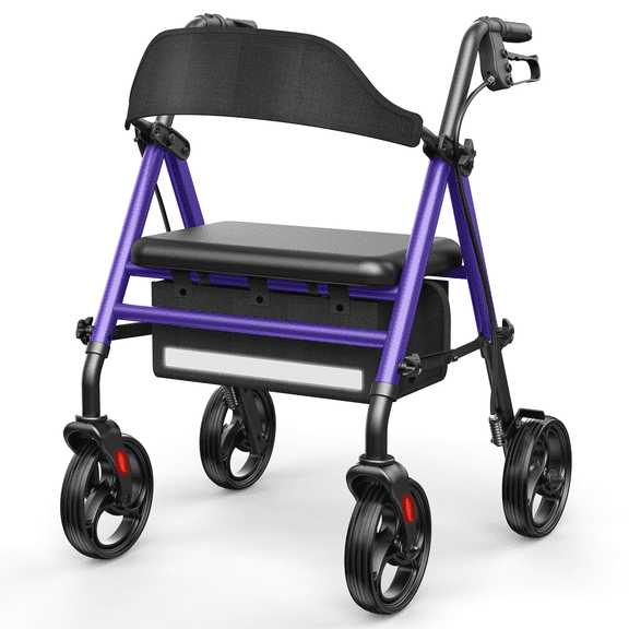 Specared Folding Rollator Walker with 350lbs Heavy Duty, 16" Wide Seat 33"-41" Adjustable Height Lightweight Walkers with Wheels, Purple