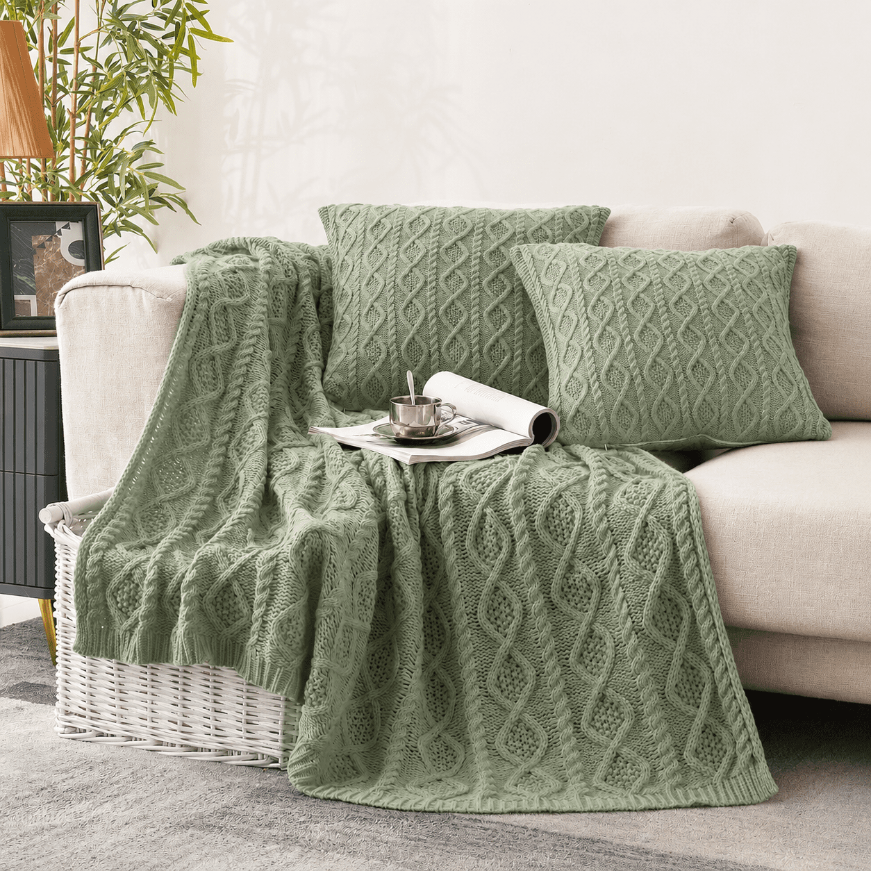 Sage Green Cable Knit Throw Blanket and 18x18 Inch Pillow Set, 50x60 Inch
