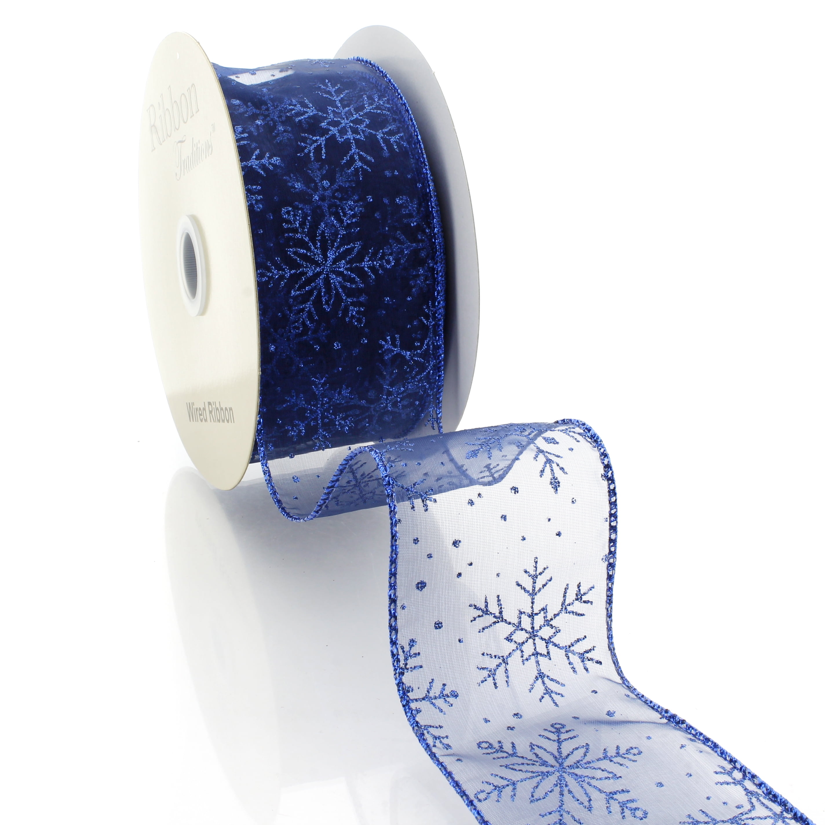 Ribbon Traditions Glitter Snowflakes Sheer Wired Ribbon 2 1/2 Inch By 25 Yards - Royal Blue