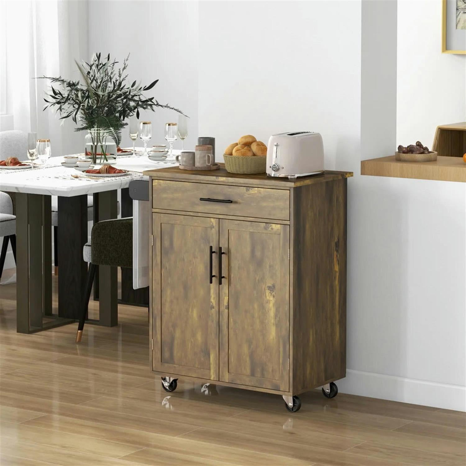Demi Bonn 36" Kitchen Island Cart on Wheels with Drawer, Storage Cabinet, Rolling Dining Room Serving Utility Carts Mobile Movable with Towel Rack, Brown