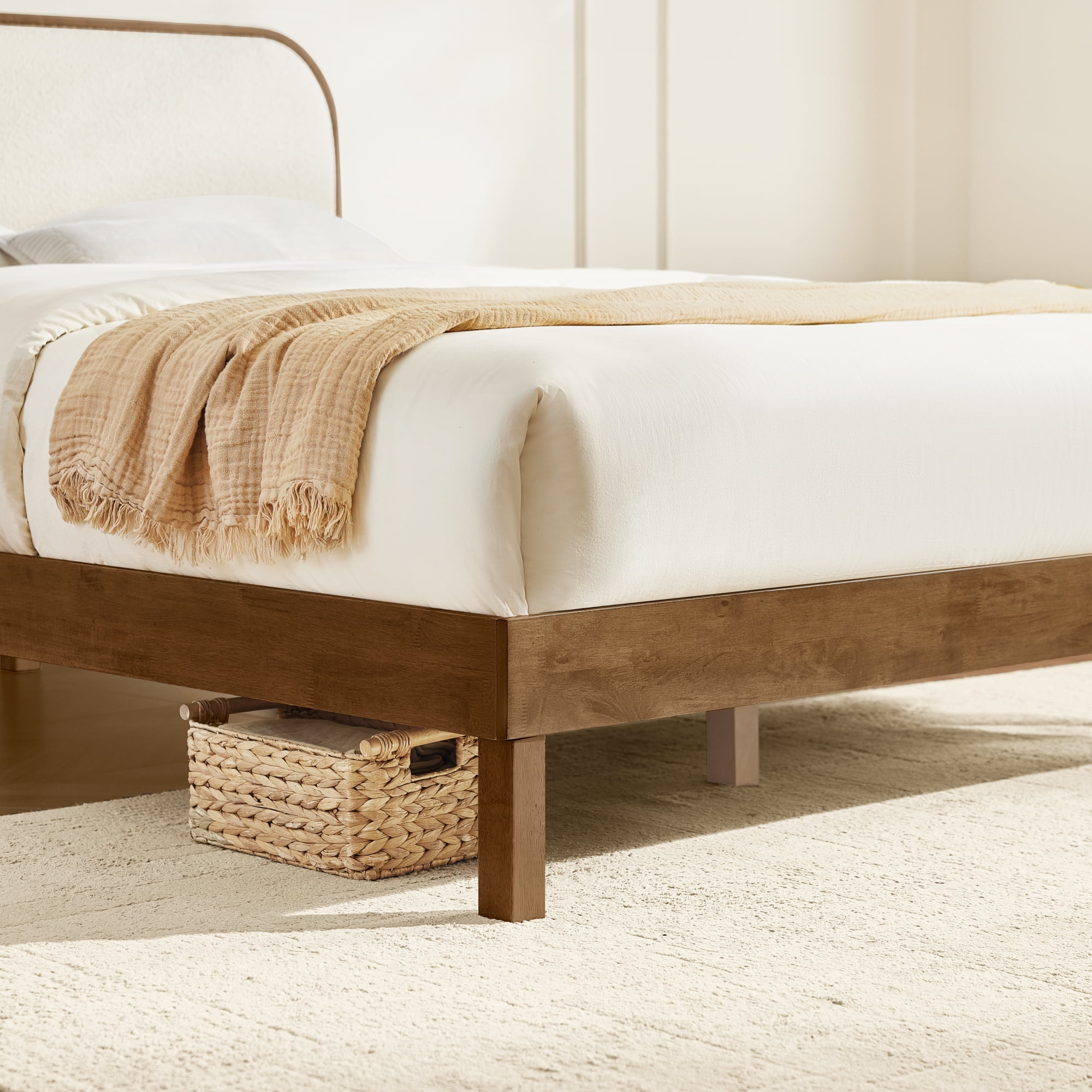 Spruce & Spring Modern Boucle Upholstered Platform Bed with Solid Wood Frame Walnut, Full