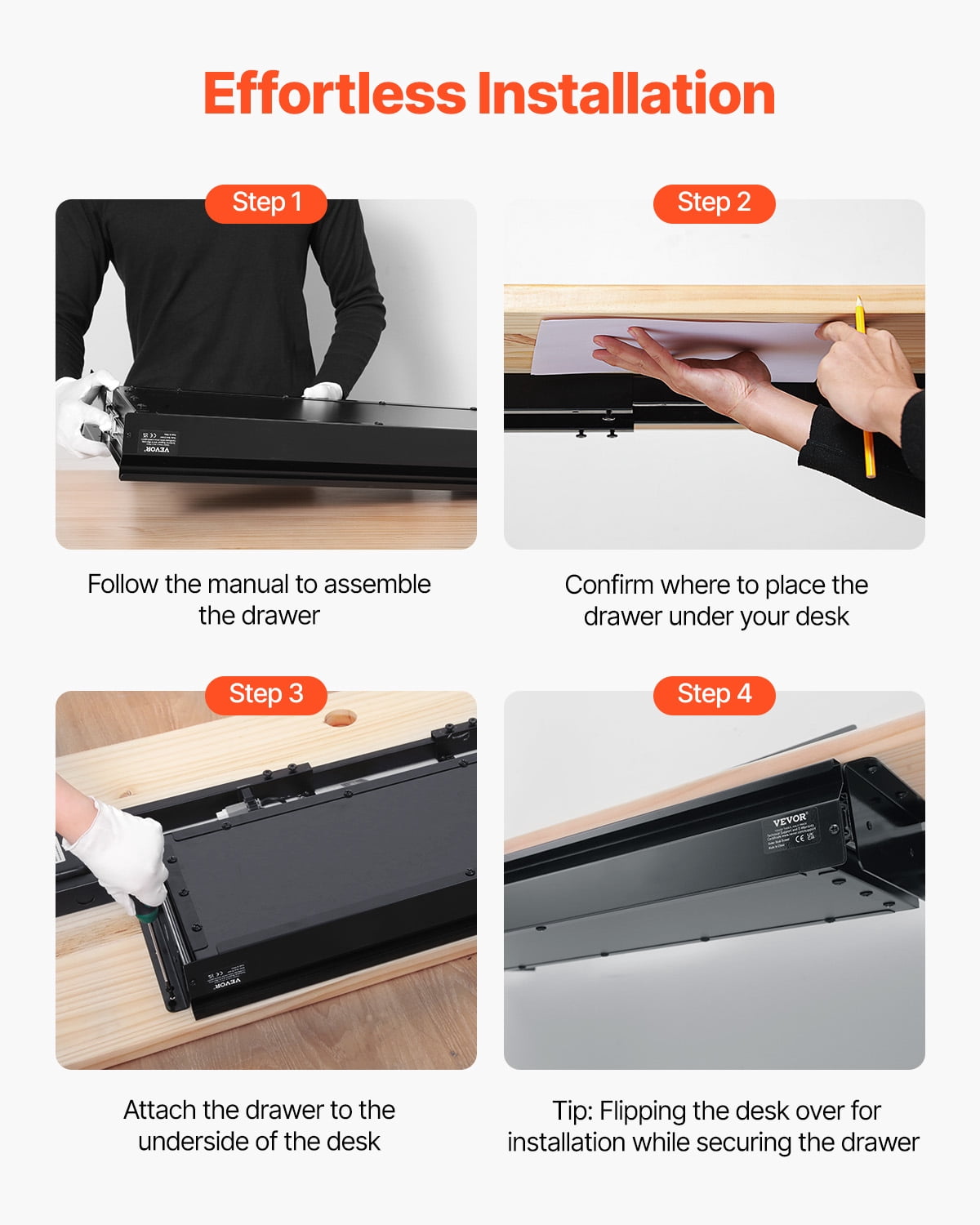 VEVOR 26" Wide Under Desk Drawer Slide Out, Under Desk Mount Pull Out Drawer Attachment, Hidden Desk Storage Organizer, Under Table Pencil Drawer for Office Home Sit Stand Workstation, 29x9x4 In