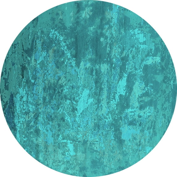 Ahgly Company Machine Washable Indoor Round Oriental Turquoise Blue Industrial Area Rugs, 7' Round