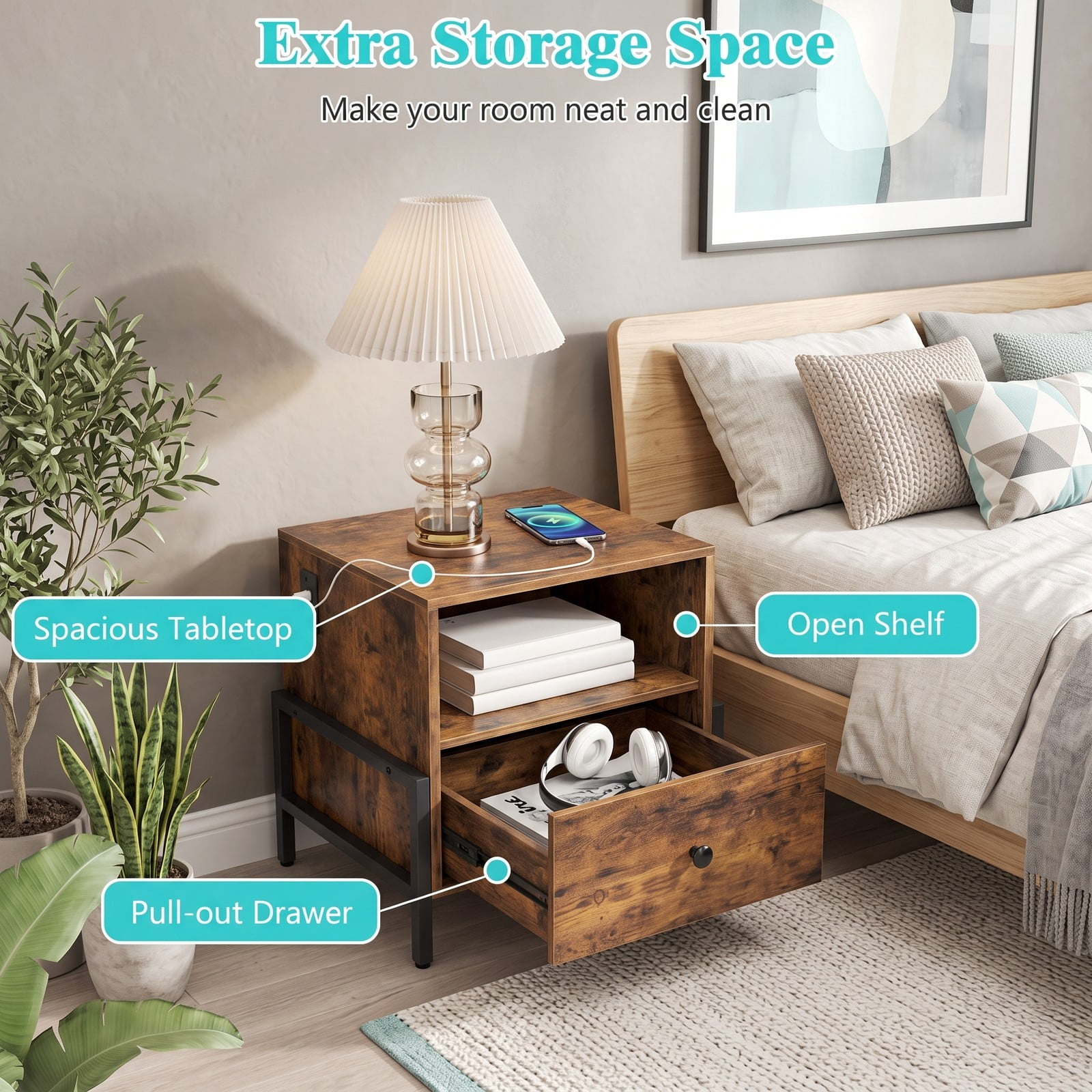 Furnibear Industrial Nightstand with Charging Station and Drawer, Sofa Side Table with Open Compartment and Metal Frame for Bedroom, Rustic Brown