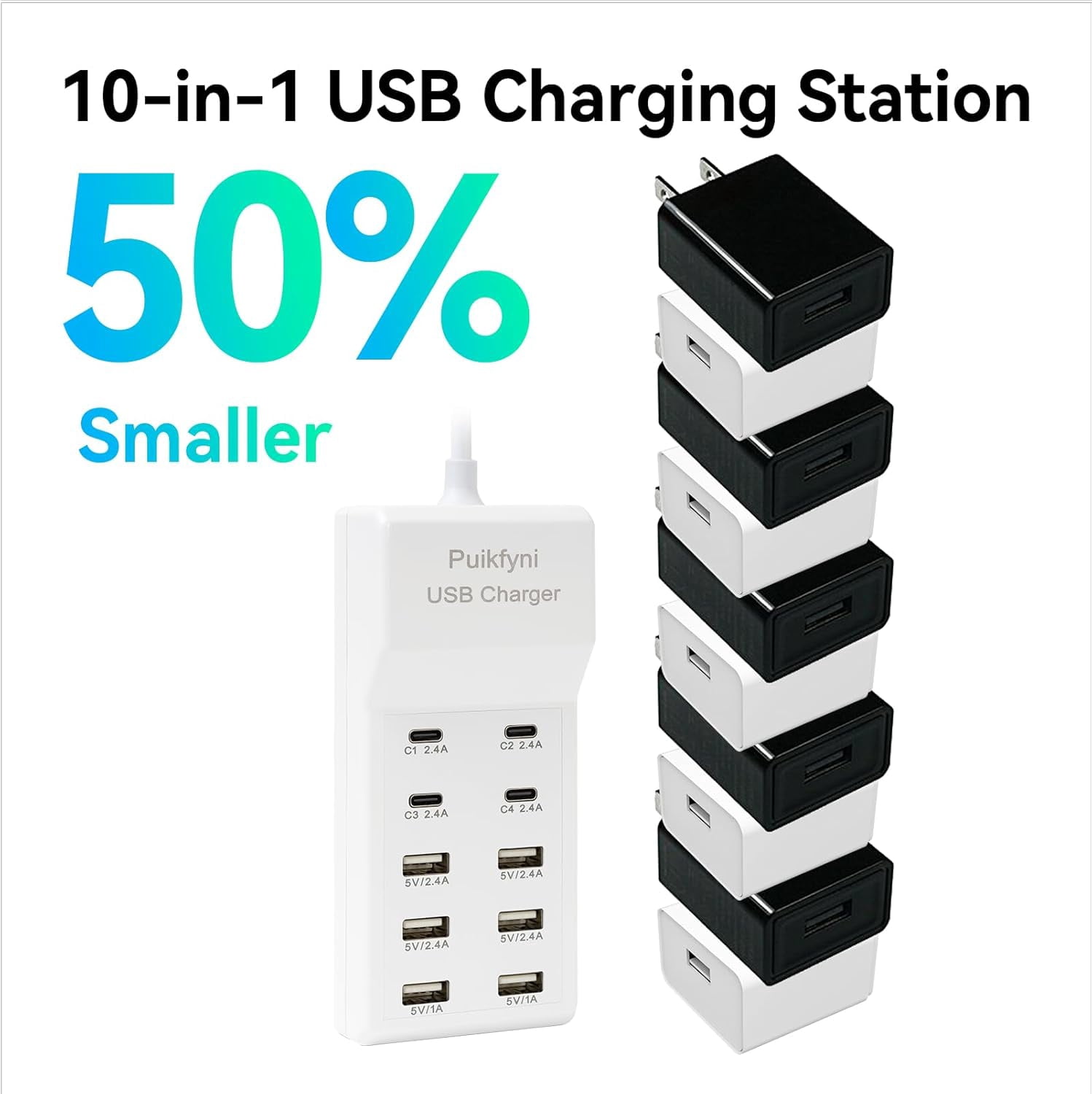 HRTGFD-Portable USB C Charging Station,4 -C- Ports, USB Charging hub 10-Ports/USB c Charger Block for Multiple Devices Phones Tablet Smartwatch Headphones Speakers (USB-4C+6A)