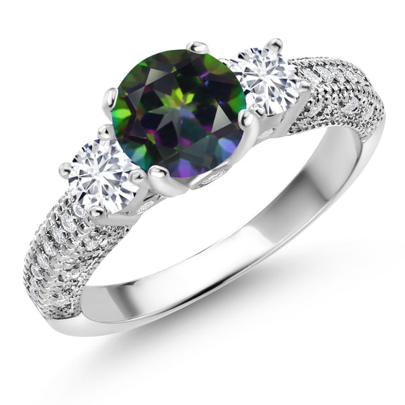 Gem Stone King 925 Sterling Silver Green Mystic Topaz White Lab Grown Diamond and White Moissanite Engagement Ring for Women (1.92 Cttw, Gemstone, Round 7MM and 4MM, Size 5)