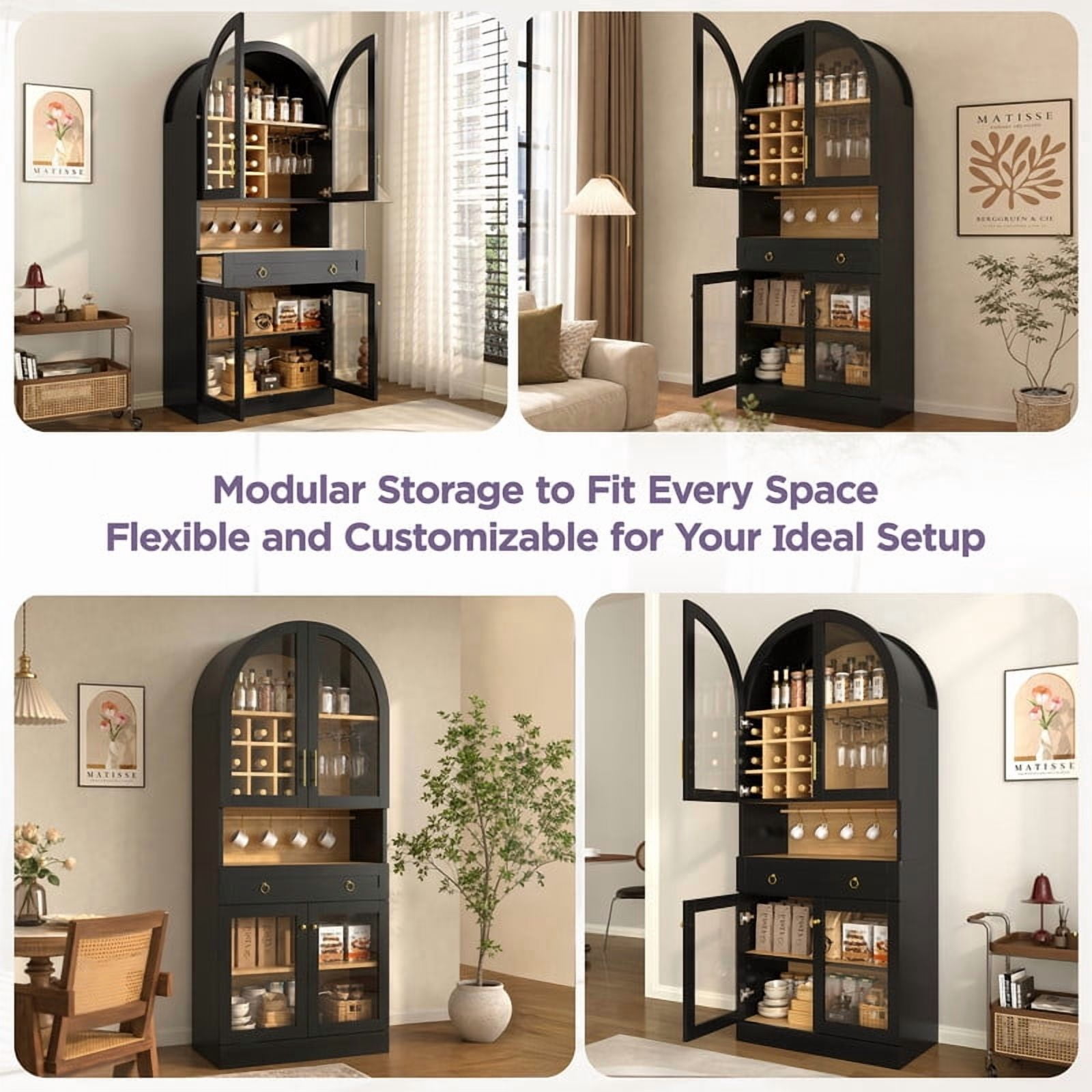 Mid-Century Bar Cabinet with Tempered Glass Doors & Drawer, Home Coffee Storage Cabinet with Hooks, Wine Racks & Glass Holders