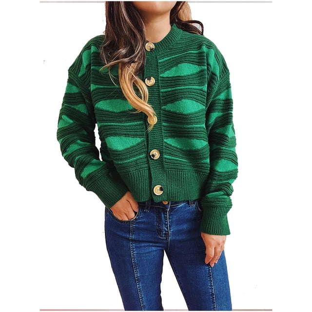 IROINID Veste Anorak Mi-Longue pour Femmes, Rayures, Manches Longues, Chaude, Décontractée, Irrégulière, Contrastée, Simple Boutonnage, Cardigan Court, Vert