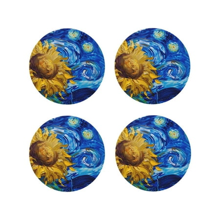 

Leather Coasters with Heat-resistant for Drinks Whimsical Sunflowers Night Sky -标题2 Round Shape