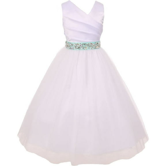 Elegant V Neck Rhinestone Belt Big Girl Flower Girls Dresses White Mint 14
