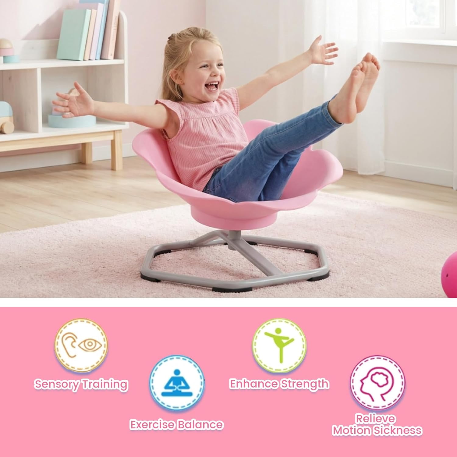 OLAKIDS Sensory Spinning Chair, Flower Shape 360° Swivel Seat for Autistic Kids Autism ADHD Children with Non-Slip Design, Sit and Spin Toy for Body Balance Coordination Training