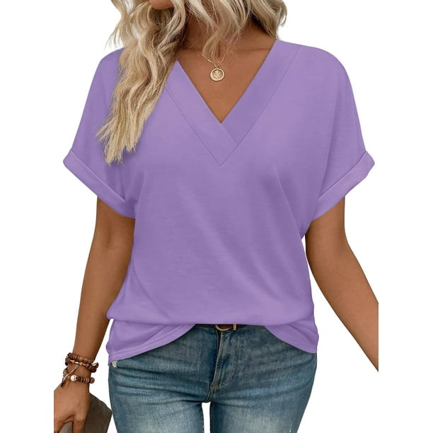 Camisetas WIHOLL para verano 2025, manga corta, cuello en V, color PU ligero