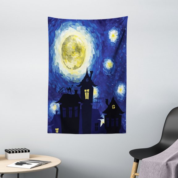Moon Tapestry, Artistic Hand Drawn Composition with Country Houses and Full Moon Motifs, Wall Hanging for Bedroom Living Room Dorm Decor, 40W X 60L Inches, Dark Blue Black Yellow, by Ambesonne