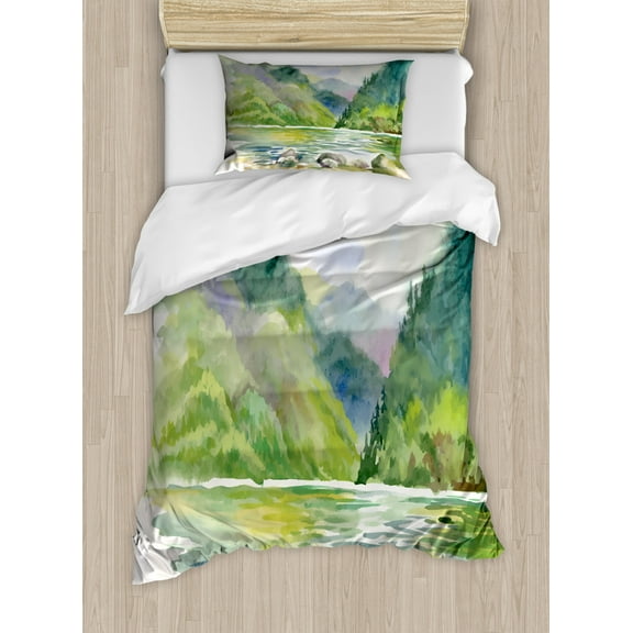 Fine Art Duvet Cover Set Twin Size, Summer River Surrounded by Tree Forest Lake Bush Foliage Serenity, Decorative 2 Piece Bedding Set with 1 Pillow Sham, Green Purple and White, by Ambesonne