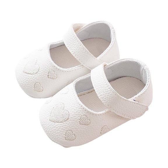GiLiling Baby Girls Mary Jane Crib Shoes, Heart Embroidered Faux Leather Flats with Hook-and-Loop Strap, Soft Non-Slip Footwear for Pre-Walkers Special Occasions (White, 0-3 Months)
