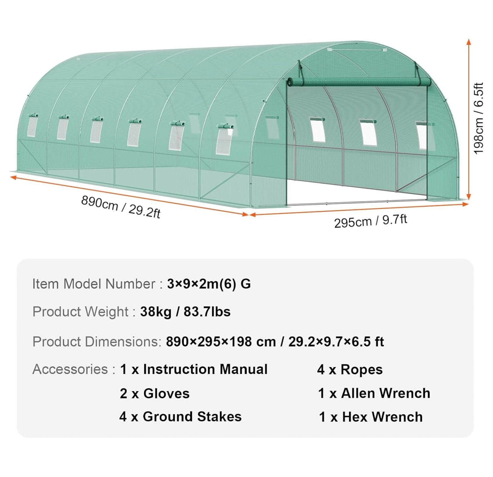 SONGMY Walk-in Tunnel Greenhouse, 29.2x9.7x6.5 ft Hoop House Greenhouse Tunnel, Plant Hot House with Galvanized Steel Frame, Green PE Cover, Roll-up Zipper Door and 12 Windows for Outdoor