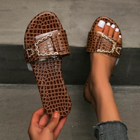 

〖Yilirongyumm〗 Brown 40 Slippers For Women Metal Fashion Large Solid Flat Color Buckle Slippers Size Textured Women s Sandals Women s Slipper
