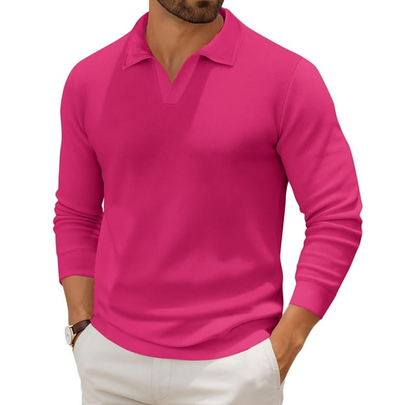 Havenx Mens Knit Polo Sweater Henley V Neck Long Sleeve Slim Fit Knitted Polo Shirts 2025 Trendy Casual Pullover Sweater,Hot Pink 2XL