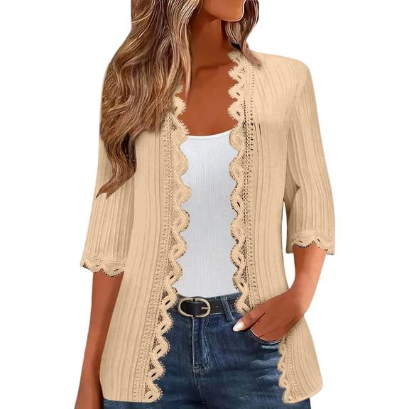 Wang6 Cardigan Sweaters for Women Causal Open Front Long Sleeve Lightweight Knit Sweater Trendy Fall V Neck Lace Knitted Tops Outerwear Yellow XL