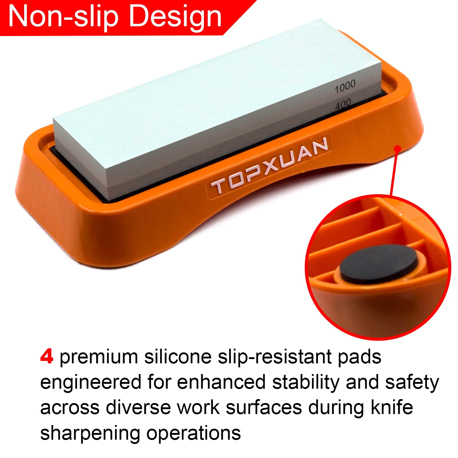 TOPXUAN Knife Sharpening Stone Sided 400/1000 Grit sharpener Waterstone,Professional Kitchen Whetstone with Orange Plastic Base, Non-slip Rubber and Angle Guide