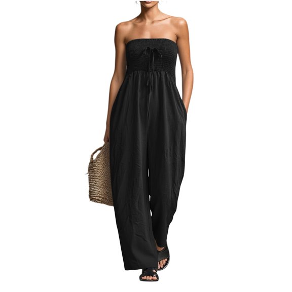 Vhkiploz A-Line Jumpsuit For Women's One Piece Strapless Bandeau Summer Sweatsuits Beach Vacation Travel Athletic Outfit Sets Boat Neck Sleeveless Solid Color Outwear Rompers With Pockets
