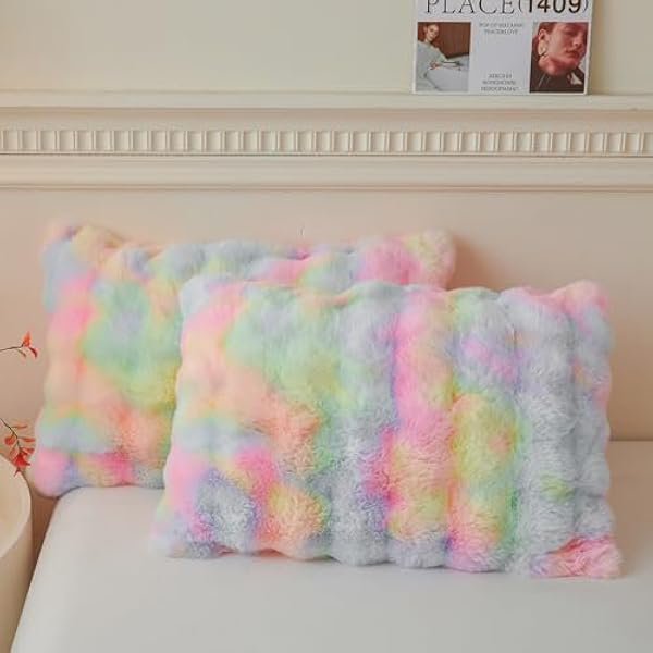 Chenchen 2 Pieces Fluffy Faux Rabbit Fur Pillow Cases, Luxury Soft Plush Shaggy Bubble Pillowcases King Size with Zipper, Tie Dye Furry Fuzzy Long Pillow Shams Adult Girls Kids Teens 20x36, Rainbow