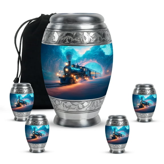 MUKTIVE Train Adult Urns for Human Ashes Men & Women, Combo Blue Funeral Urns for Adult Ashes Male, Set of 5 Cremains Ash Holder, Large Urn for Daughter (1 Large, 4 Small)