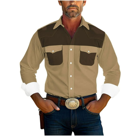 YLSDY Fashion Mens Stylish Shirts Long Sleeve Button Up Work Pearl Snap Shirts Stretch Gothic Collared Cowboy Vintage 80s Outfits Khaki XXXL