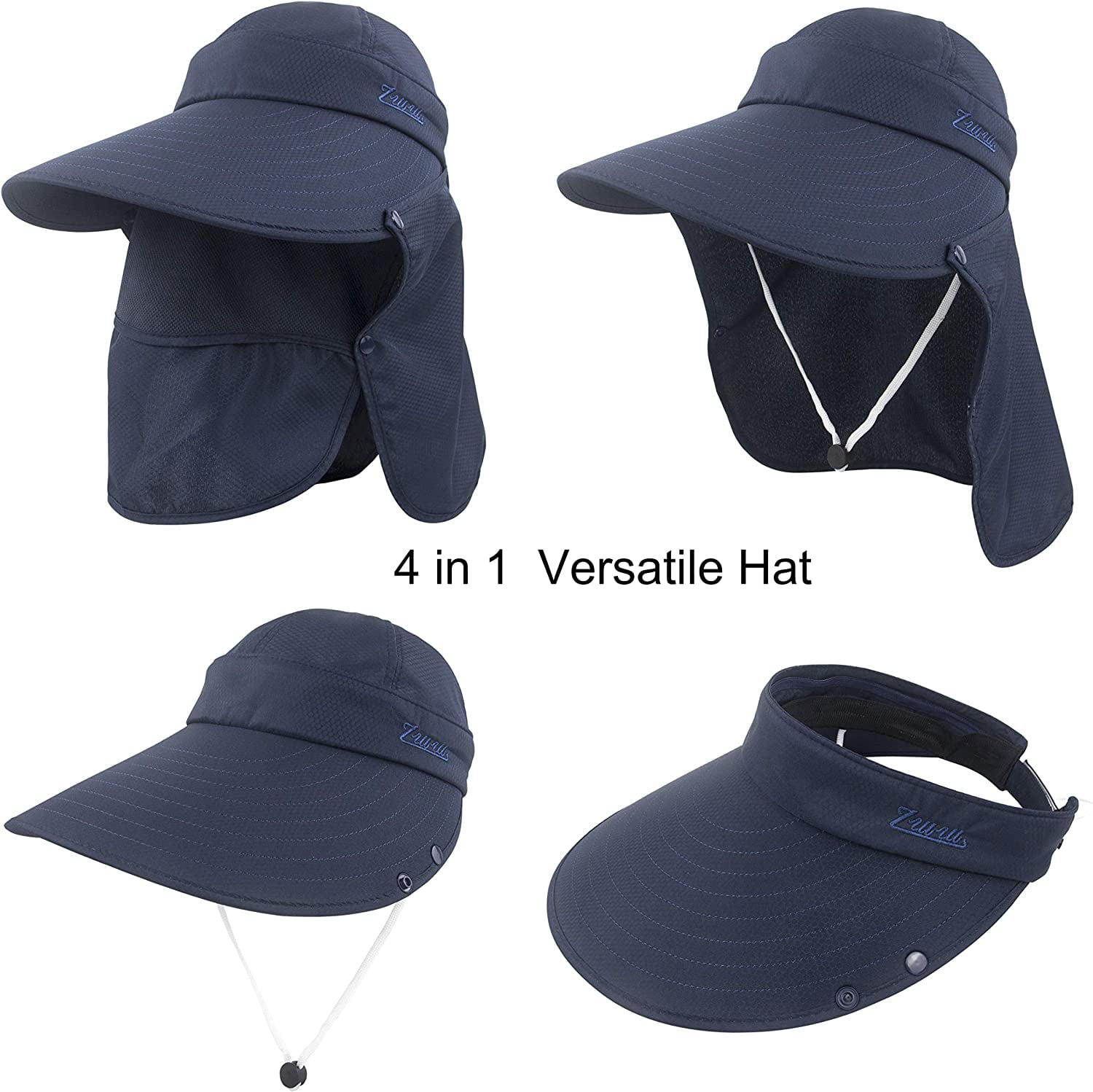 Wide Brim Sun Hat for Women UV Protection Hiking Fishing Hat Foldable  Ponytail Summer Bucket Caps with Face & Neck Flap-Navy Blue 