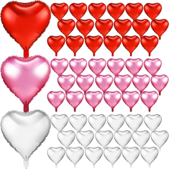 Set of 60 Heart Shape Aluminum Foil Balloons,Red Silver Pink Heart Shaped Balloons for Home,Party,Anniversary Romantic Decorations