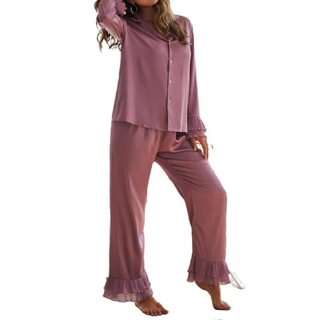 

Button Front Pant Sets Lapel Long Sleeve Sleepwear Cute Women s Pajama Sets