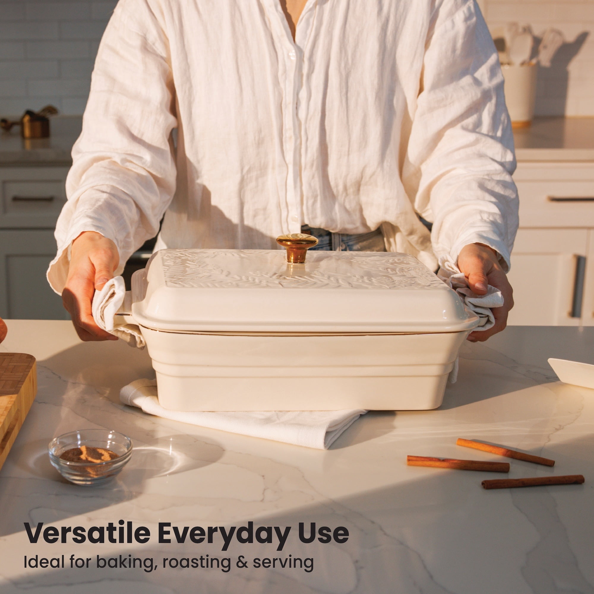 Thyme & Table 13" Stoneware Covered Baking Dish - Embossed White